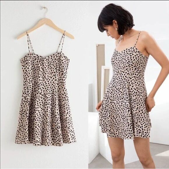 & Other Stories Beige & Black Spotted Leopard Mini Skater Dress Size 2 - Picture 1 of 12
